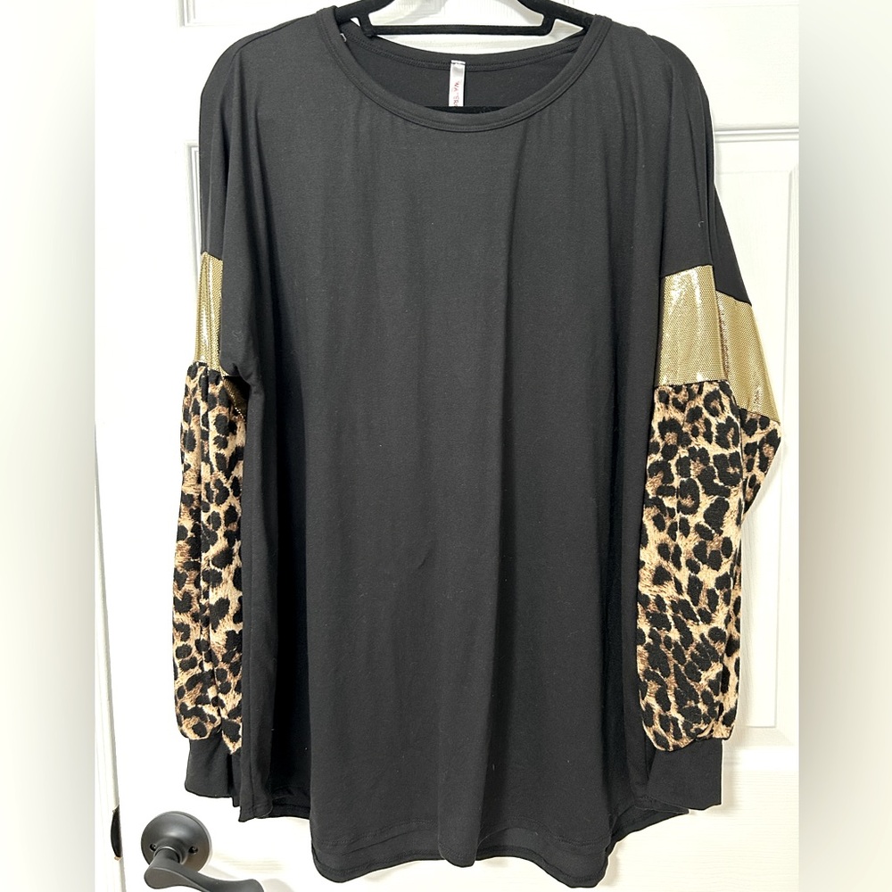 Black Tunic Top with Gold and Leopard Sleeve Accents